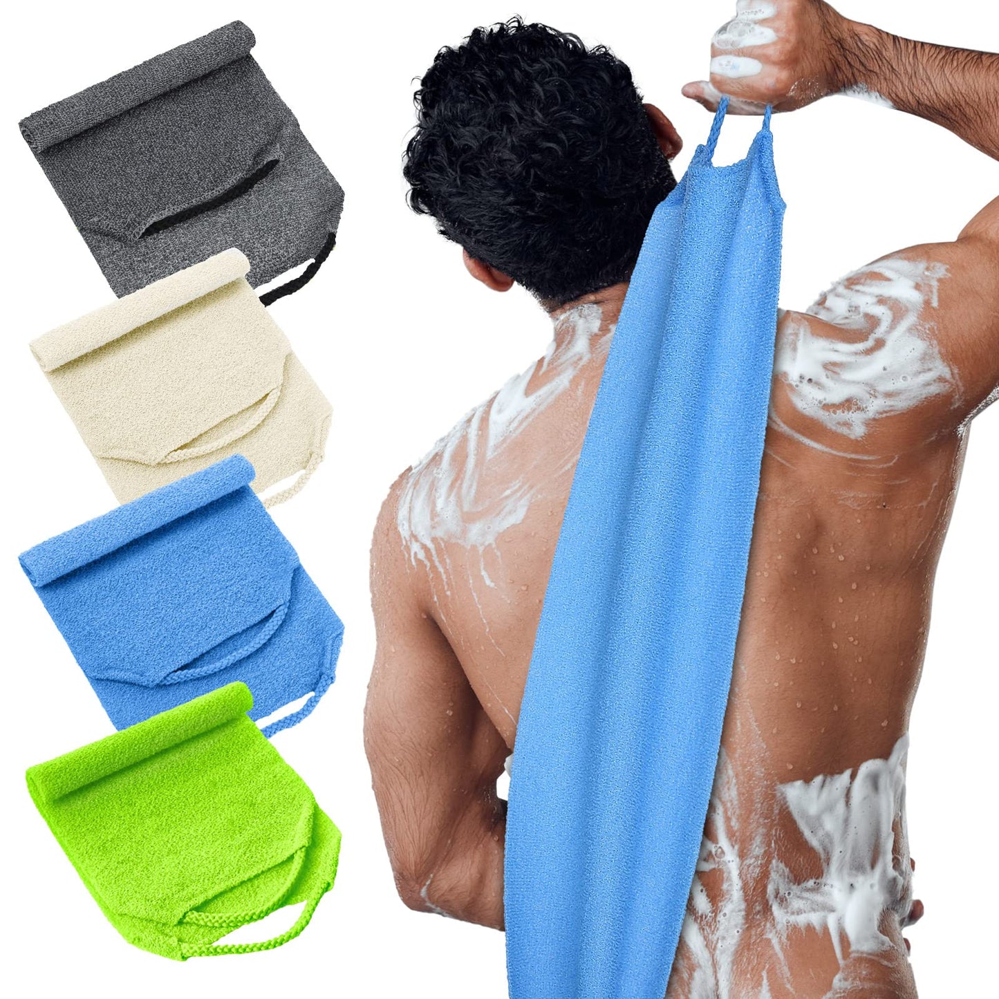 Moukeren Exfoliating Back Scrubber With Handles 4 Pack Nylon Back Exfoliator Extended Length Washers Scrubbers Stretchable Pull