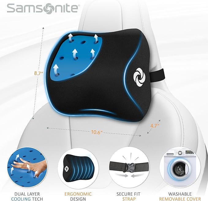 Samsonite Ergonomic Neck Pillow β Large Car Neck Pillow for Driving, Gel Memory Foam Cushion for Travel, Cooling Car Support Headrest for Road Trips, Fits Cars, SUV's, Trucks, and Desk Chairs, Black