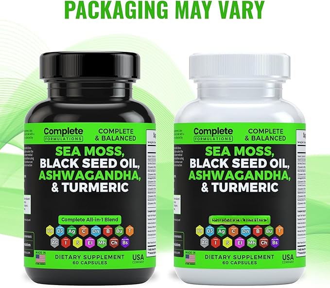 Sea Moss Supplement Blend with Black Seed Oil Ashwagandha Turmeric Bladderwrack, Burdock & Vitamin C & D3 with Elderberry Manuka Dandelion Yellow Dock Iodine