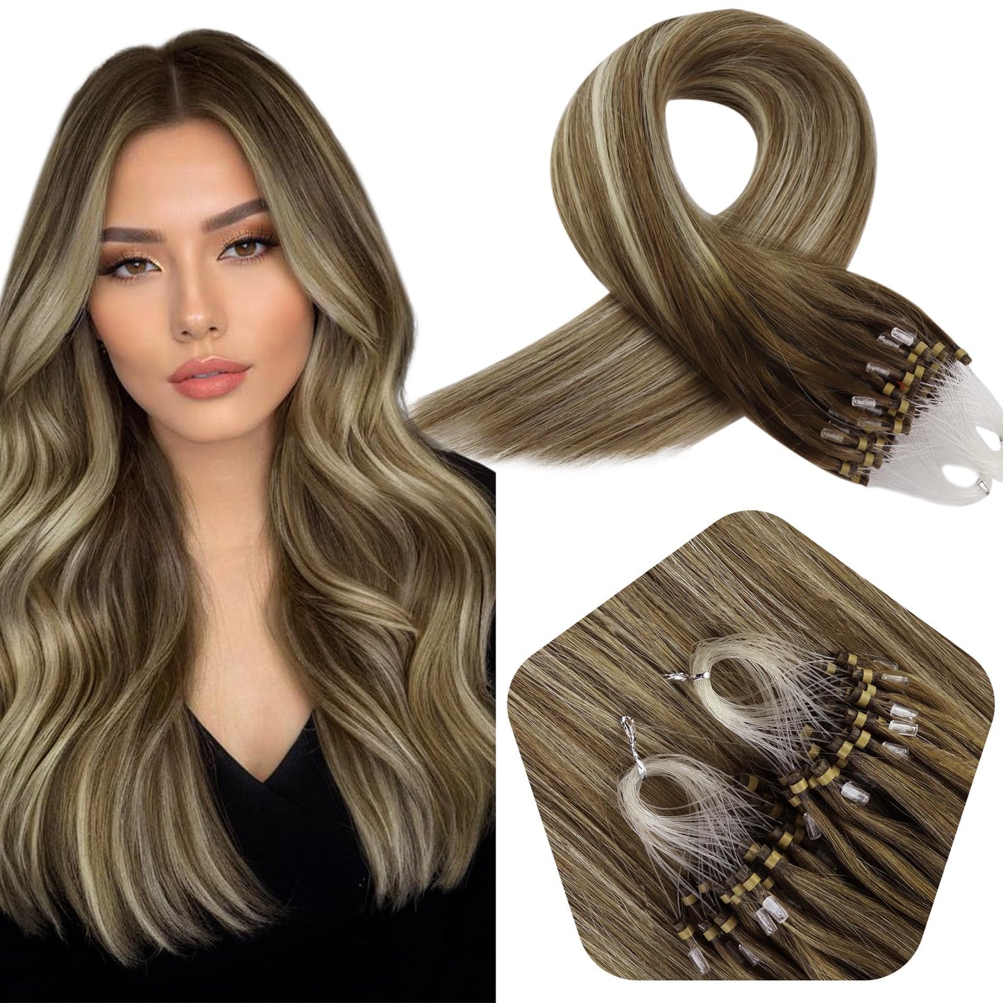 Full Shine Micro Extensions Human Hair Color 6/60/6 Balayage Brown And Blonde Micro Link Human Hair Extensions 22 Inch Long Hair