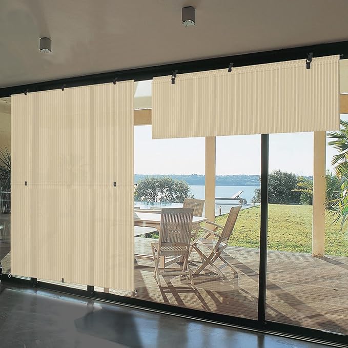 Bynbbur 6'W x 9.5'H Outdoor Patio Shades Foldable Roller Blinds, 220 GSM Sun Shade Roll Up Porch Screens Exterior Shade Cloth for Deck Pergola Backyard, Beige