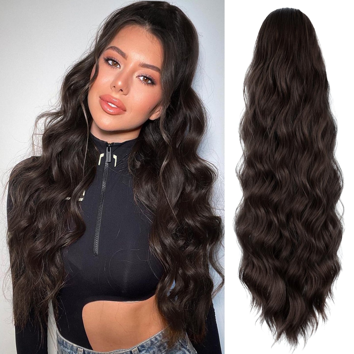 Freemeige Ponytail Extension, 26 Inch Long Wavy Drawstring Ponytail For Women Dark Brown Pony Tail Hair Extension Synthetic Pony
