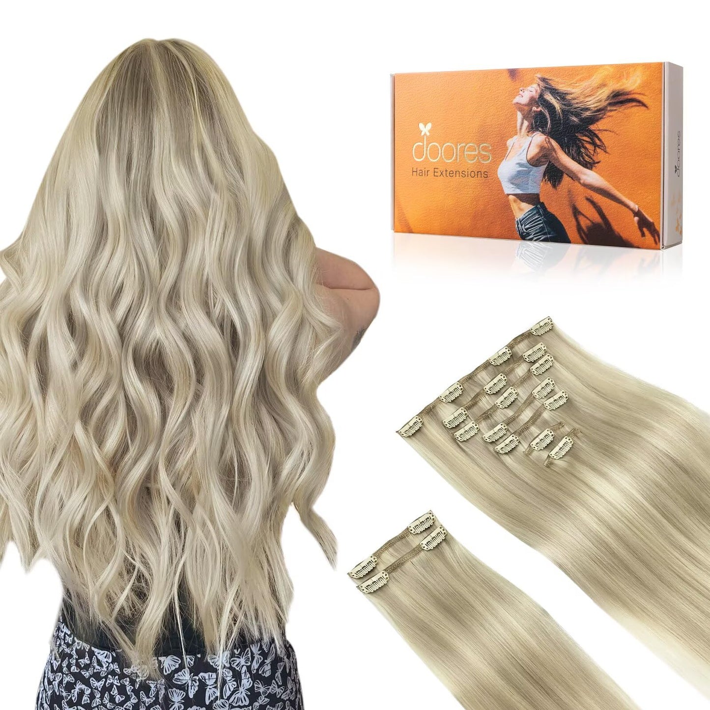 Doores Clip In Hair Extensions Real Human Hair, Ash Blonde Highlighted Platinum Blonde 150G 9Pcs 18 Inch, Hair Extensions Real H