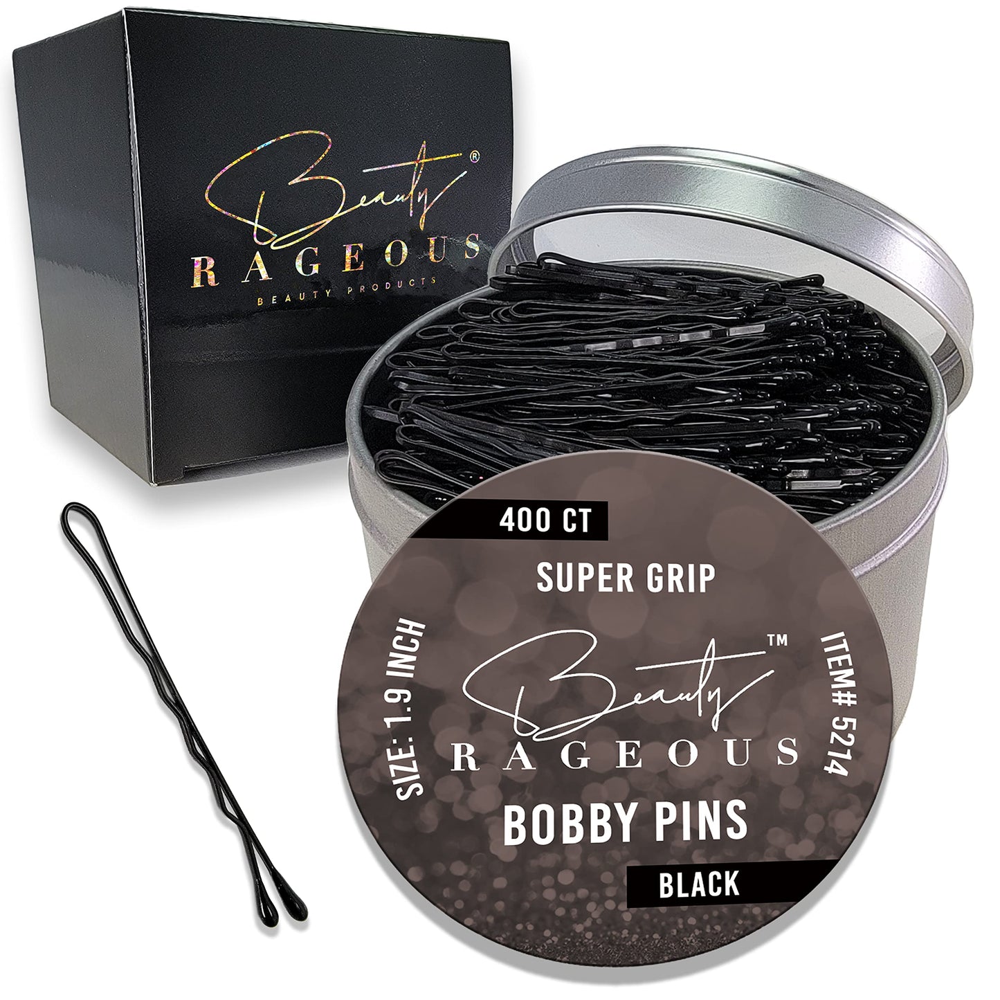 Super Grip Bobby Pins - Black (Approx. 400 Count) - Womens Bobby Pins 1.9 Inch - Easy, Secure, All Hair Types - Handy Reusable T
