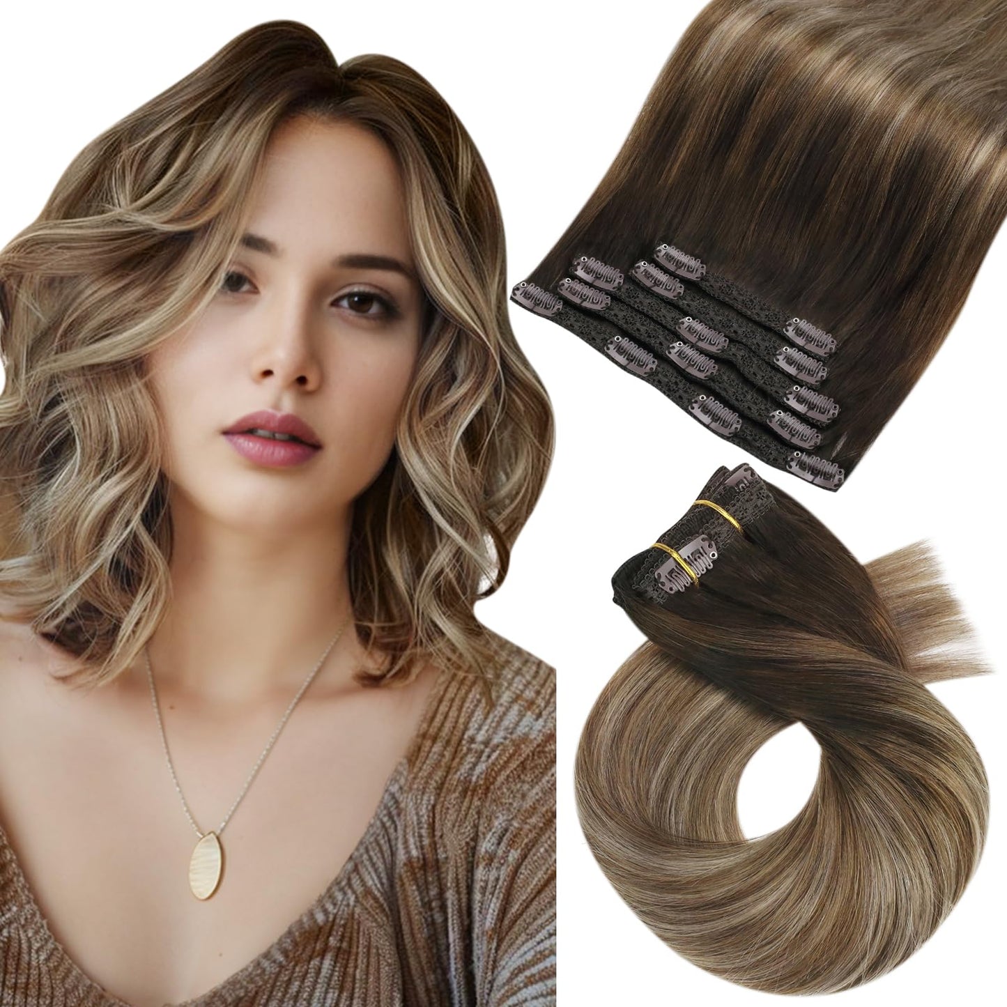 Moresoo Clip In Hair Extensions Balayage 14Inch Remy Clip In Extensions Human Hair Ombre Dark Brown To Dark Ash Blonde With Gold