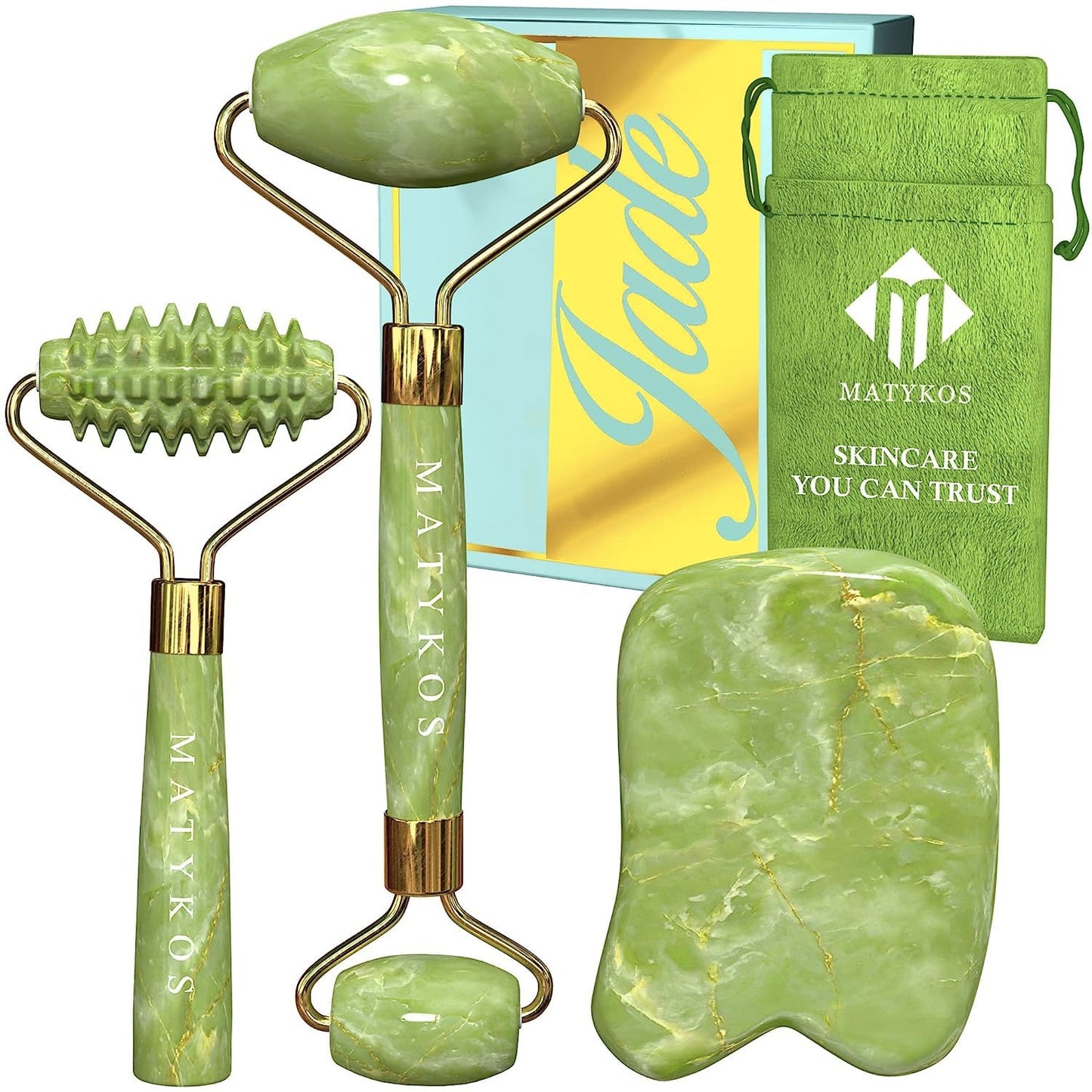 Jade Roller For Face And Gua Sha Set - 2 Anti-Aging Facial Rollers And Gua-Sha Facial Tool - Face And Body Massager For Your Ski