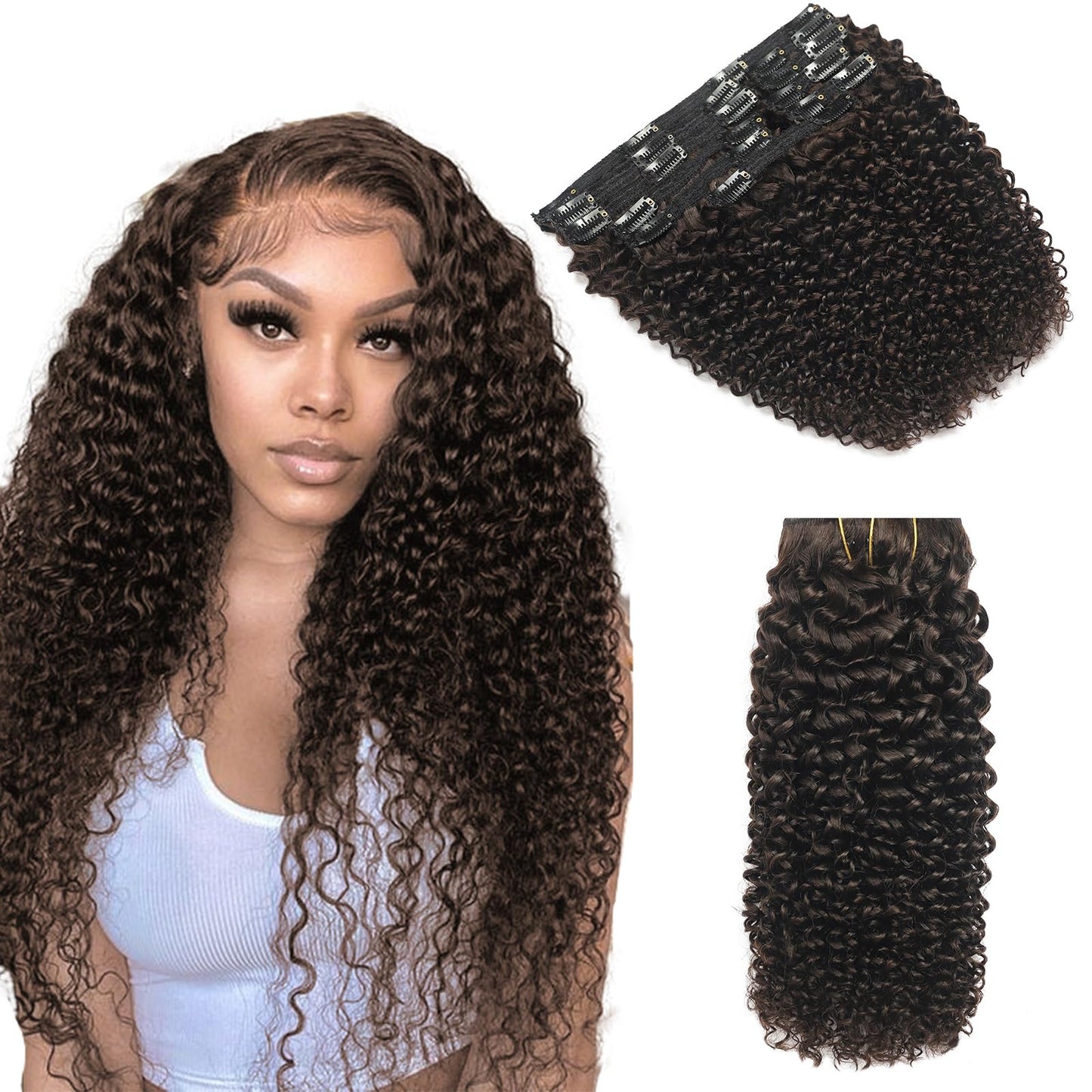Kinky Curly Clip In Hair Extensions For Black Women 16 Inch 2# Dark Brown Curly Hair Extensions Clip In Real Human Hair 3C 4A Ki