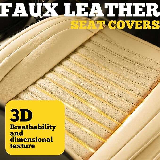 LINGVIDO Full Set Car Seat Covers, Faux Nappa Leather, Airbag Compatible and Waterproof Protectors for Sedans SUVs, Breathable Interior for Active Families, Pets, and Commuters (5 Seats, Beige)