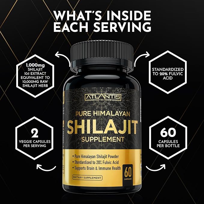 Atlantis Nutrition Himalayan Shilajit Capsules Formulated with 20% Fulvic Acid | 10:1 Extract Providing 10,000mg D.H.E. | USA Made | Himalayan Shilajit Supplement for Men & Women | 60 Capsules