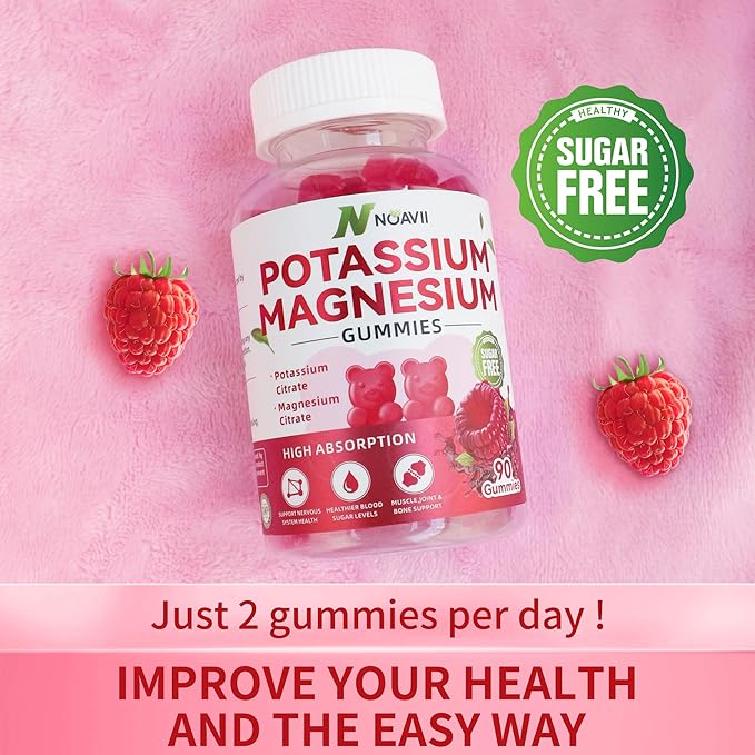 Potassium Magnesium Gummies, New Formula Calm Magnesium Glycinate Gummies, Chewable Gummy Supplements for Leg Cramps & Muscle, Raspberry Flavor 90 Count