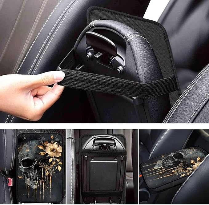 Dreaweet Skull and Flower Center Console Cover for Car Women Universal Rest Cover Pad Spooky Car Accessories Non Slip Anti Scratch Center Console Armrest Cover for SUV Sedan Truck Van