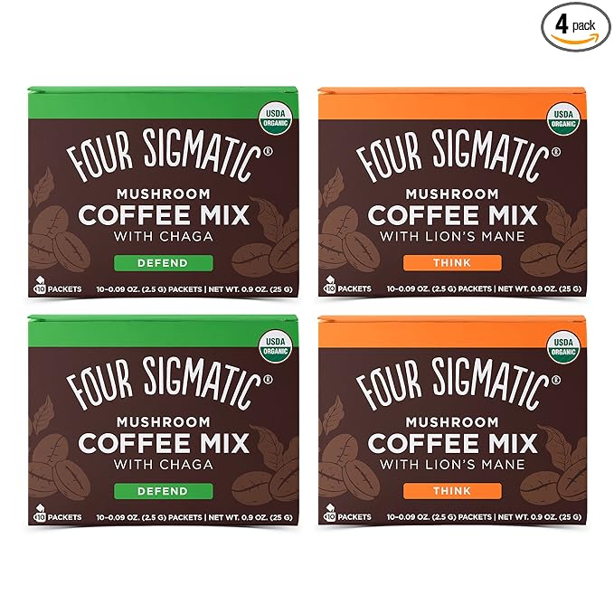 Four Sigmatic Mushroom Coffee Mix Pack of 4 - Lion's Mane and Chaga & Cordyceps and Chaga - 10 Packets Per Box