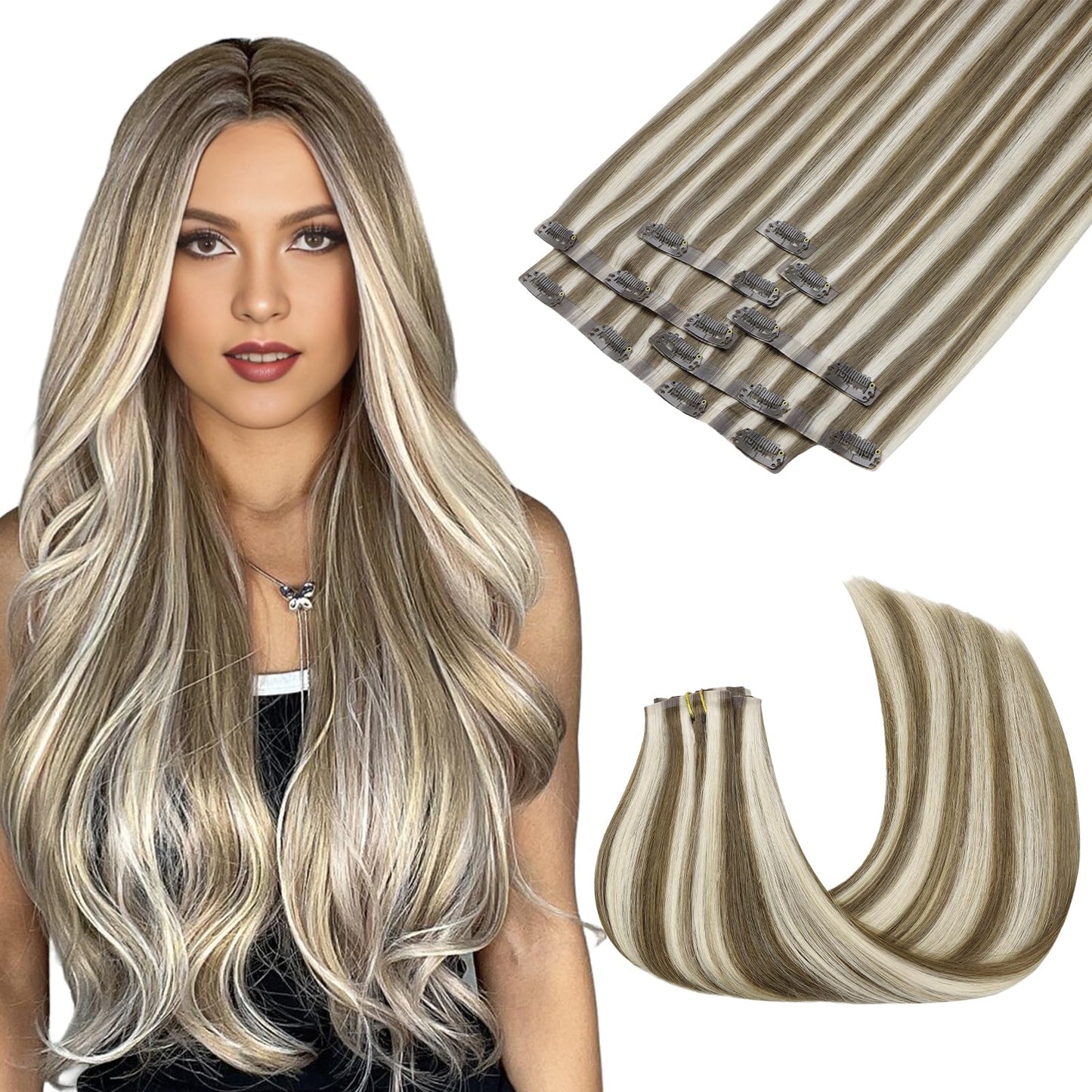 Maxita Clip In Hair Extensions Real Human Hair,130G 7Pcs Platinum Blonde Bronde 16 Inch,Remy Clip In Hair Extensions Seamless Cl