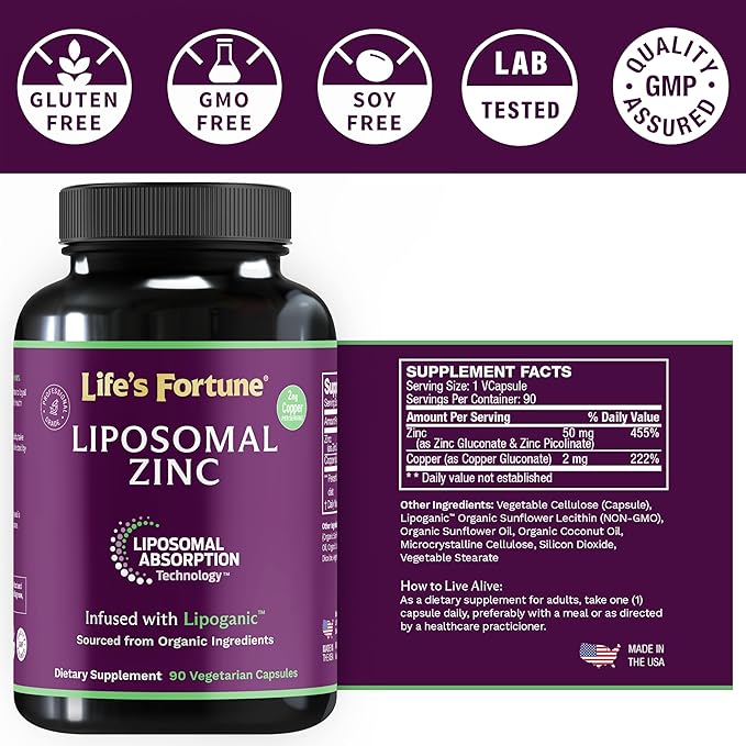 Liposomal Zinc Supplement 50mg with Copper, Immune Support, Metabolism, and Skin Health | High Potency Pure Zinc Citrate Vitamins for Adults | Powerful Herbal Antioxidant | 90 Capsules