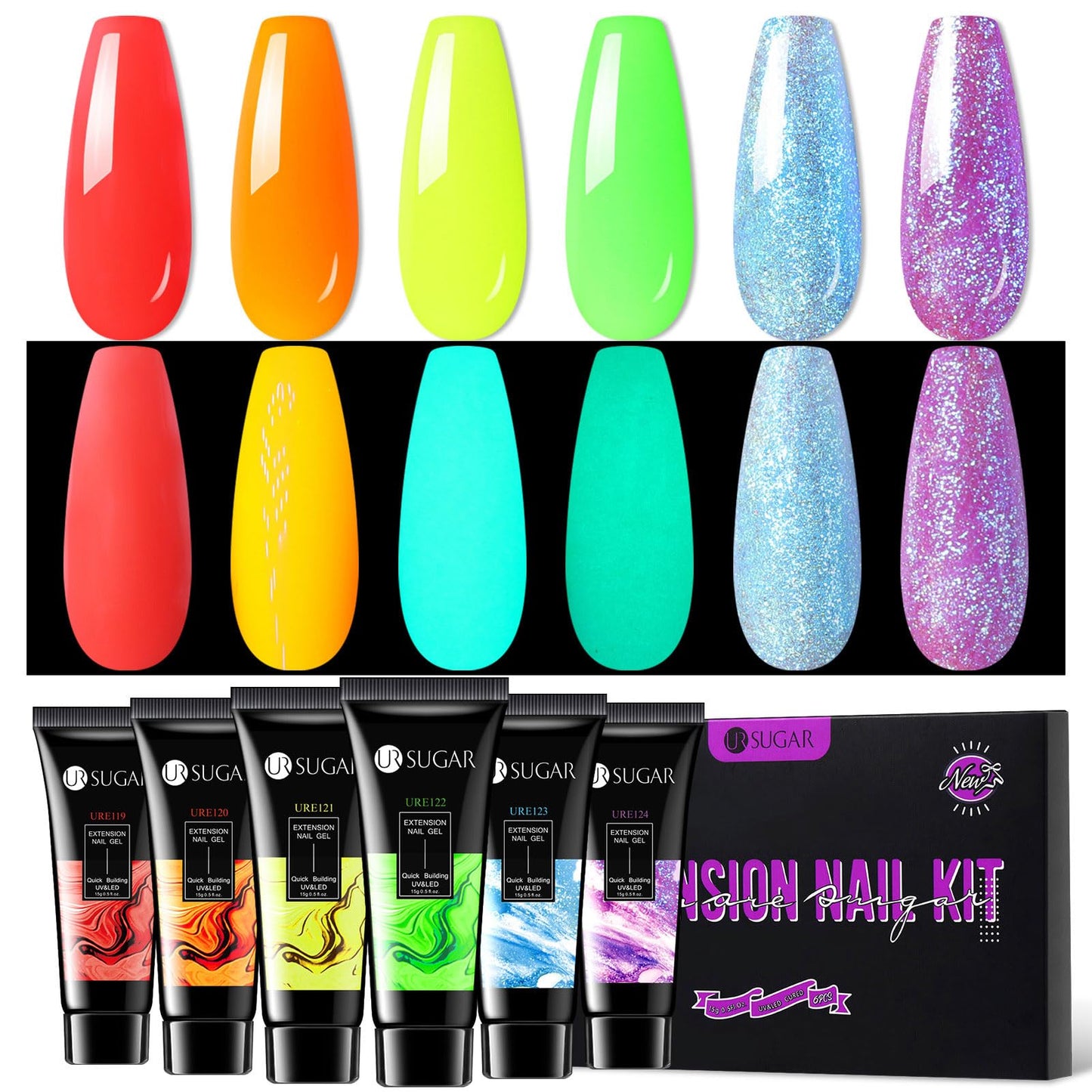 Ur Sugar Glow In The Dark Poly Extension Gel Nail Set, 6 Colors Red Neon Orange Luminous Yellow Green Glitter Blue Purple Spring