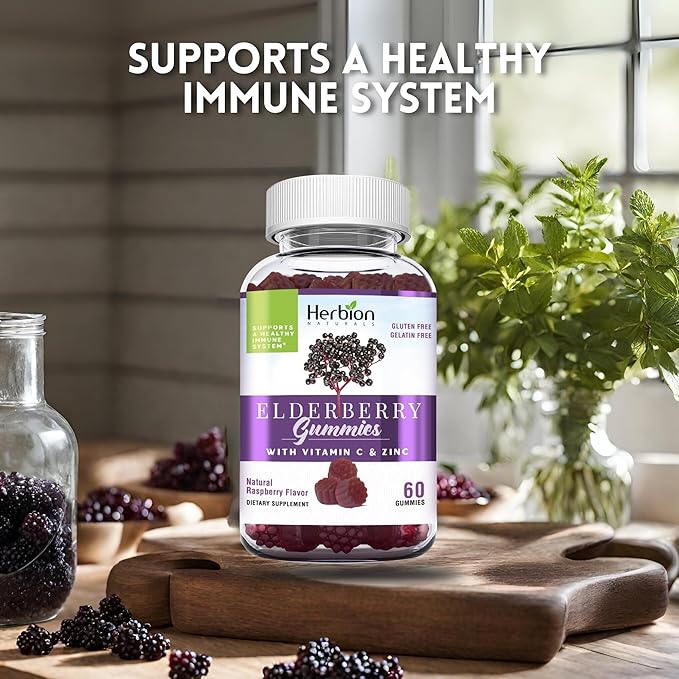 HERBION Elderberry Gummies with Vitamin C & Zinc - Healthy Immune System Support - Gluten-Free & Gelatin-Free - 60 Gummies for Adults & Children 4 Years & Above - Made in USA, 60 Count (Pack of 1)