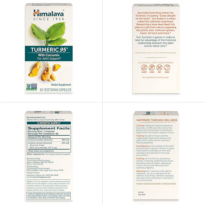 Himalaya Turmeric 95 Supplement with Curcumin/Curcuminoids, Joint and Muscle Support, Optimum Flexibility and Mobility, 600 mg, Non-GMO, Vegan, Gluten Free, 60 Capsules, 60 Day Supply