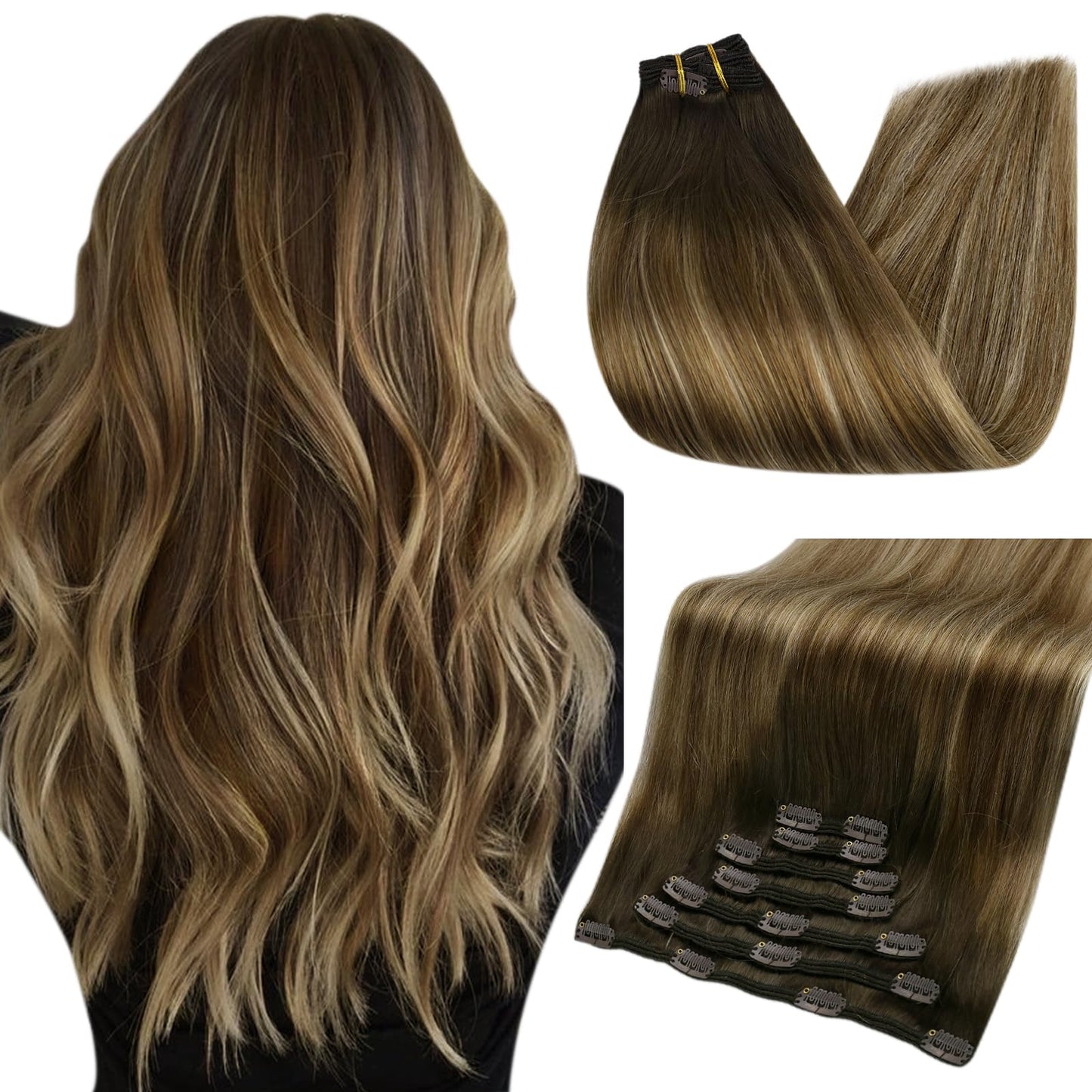 Full Shine Clip In Hair Extensions Human Hair Brown Balayage 16 Inch Real Hair Extensions Clip Ins Dark Brown To Brown Mix Honey