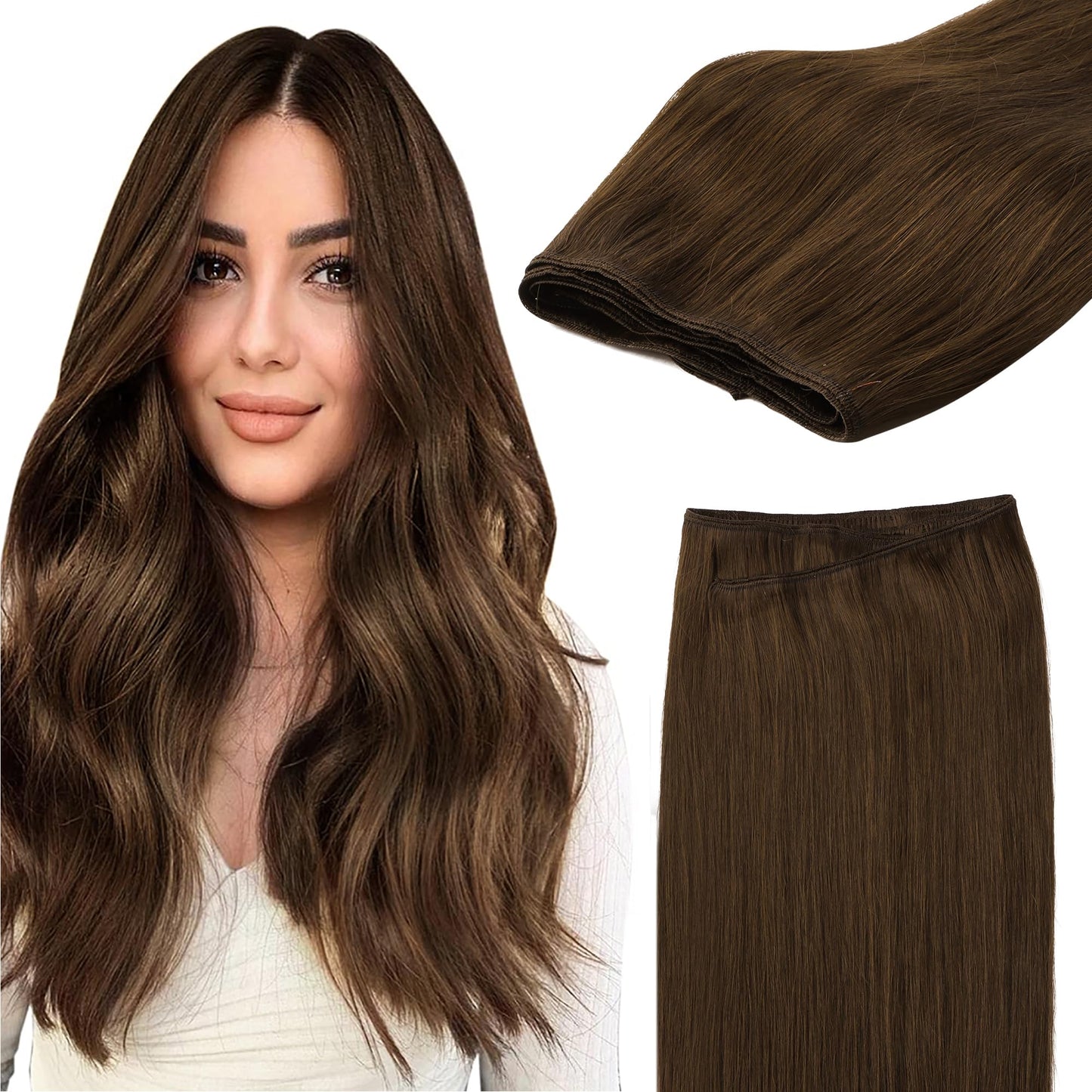 Goo Goo Sew In Hair Extensions Real Human Hair, Weft Hair Extensions Human Hair, 4A Chocolate Brown 22Inch 110G, Weft Bundles St