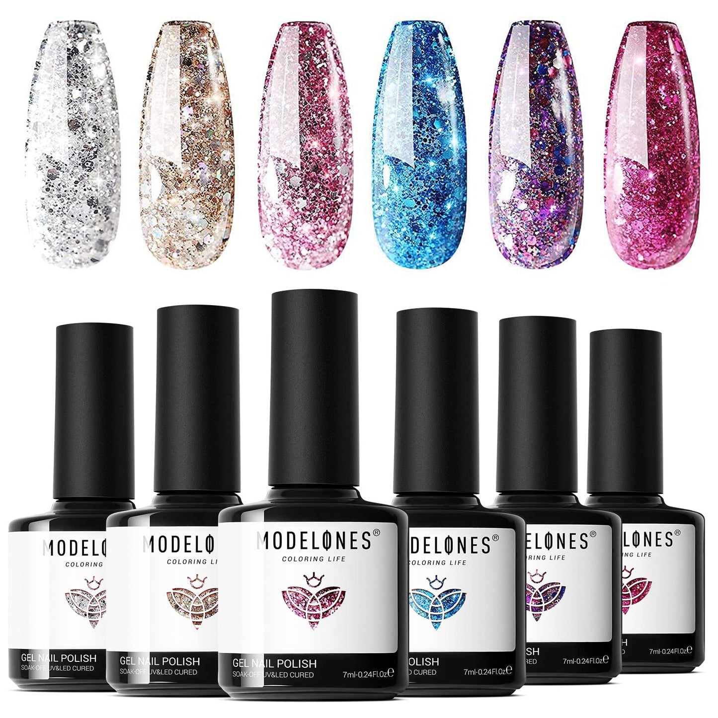Modelones Gel Nail Polish Set - 6 Colors Sparkle Glitter Gold Silver Gel Polish Nail Kit Soak Off Nail Polish For Nail Art Manic