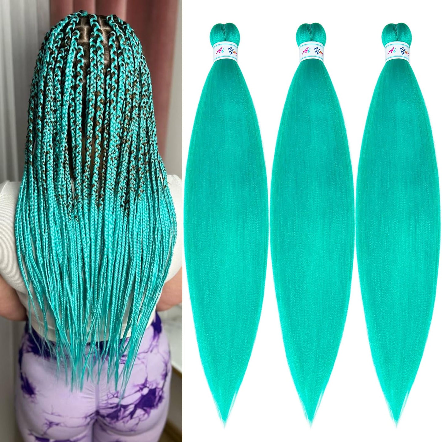 Mint Green Braiding Hair Pre Stretched Human Colored Hair Extensions For Braids 26 Inch Prestretched Braiding Hair Kids Micro Bo
