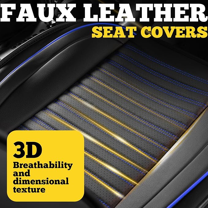 LINGVIDO Front Car Seat Covers, Faux Nappa Leather, Airbag Compatible and Waterproof Protectors for Sedans SUVs, Breathable Anti-Slip Interior for Commuters and Rideshare, Black/Blue