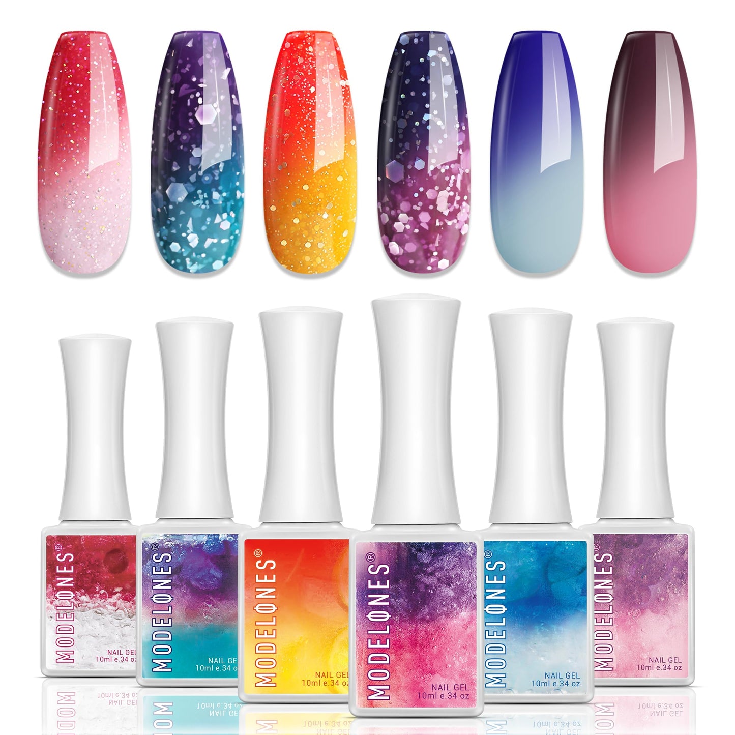 Modelones Color Changing Gel Nail Polish, 6 Colors Orange Blue Purple Pink Neon Mood Temperature Change Gel Polish Set Soak Off