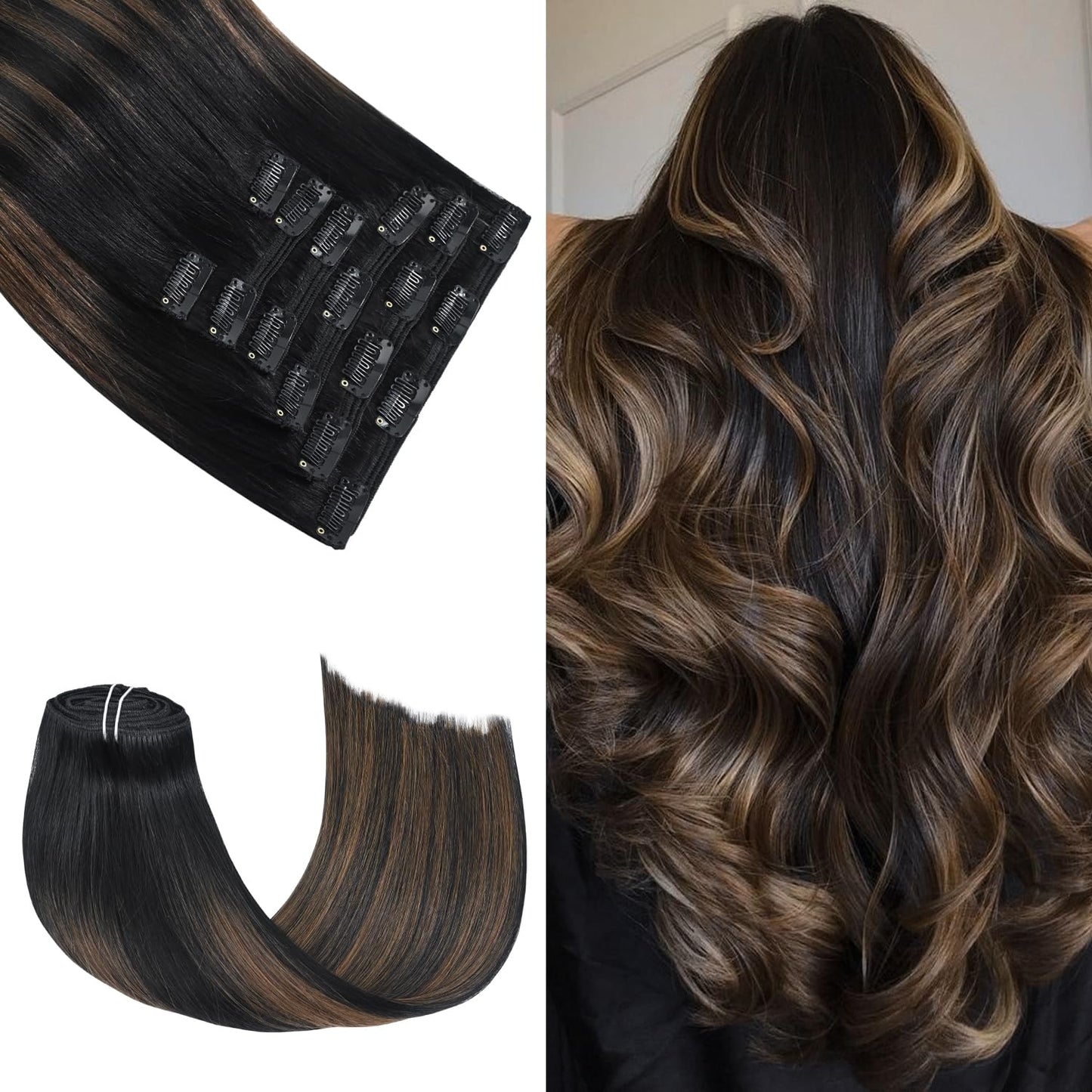 Honsoo Clip In Hair Extensions Real Human Hair Naural Black To Chestnut Brown 120G 14In 7Pcs Upgraded Invisible Clip Ins For Ful