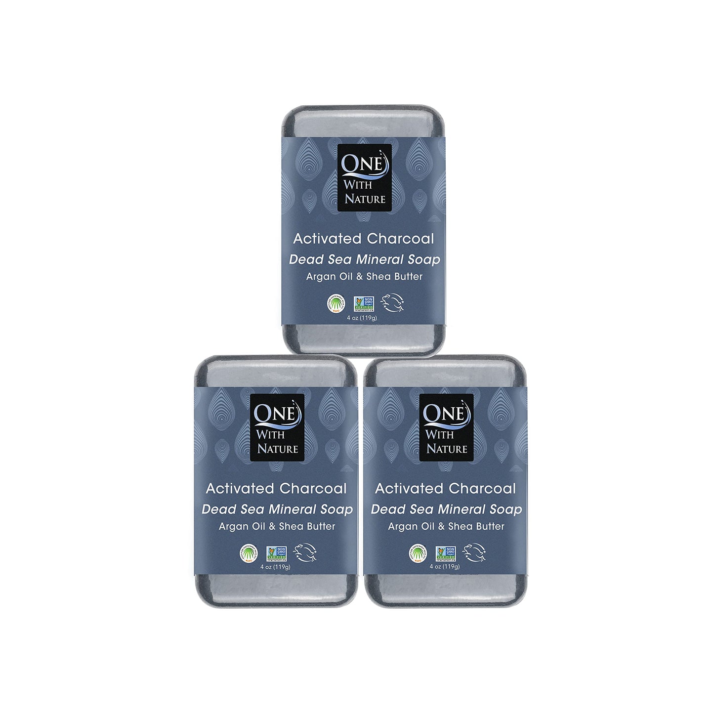 One With Nature Dead Sea Salt Activated Charcoal Soap 4Oz 3Pack, Black Bar Soap Detoxifying Body Wash Soap Bar & Face Soap Vegan