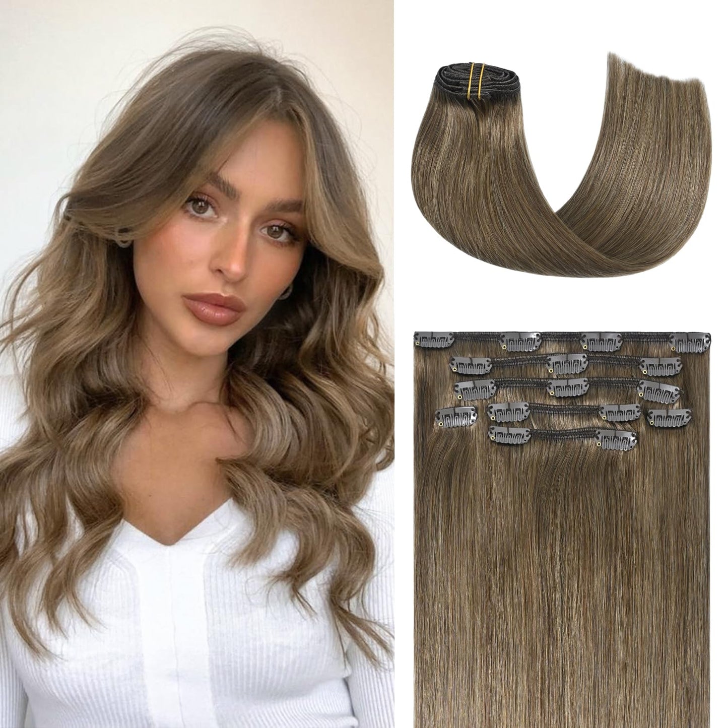 Honsoo Hair Extensions Clip In Human Hair Extensions, Ash Brown Clip In Human Remy Hair Extensions 70G 7Pcs 12Inch Silky Straigh