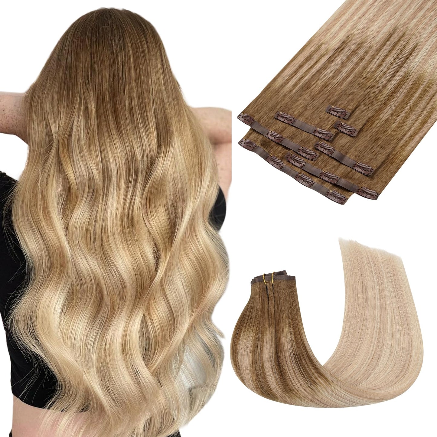 Maxita Clip In Hair Extensions Real Human Hair,130G 7Pcs Ash Bronde Highlight 18 Inch,Remy Clip In Hair Extensions Seamless Clip