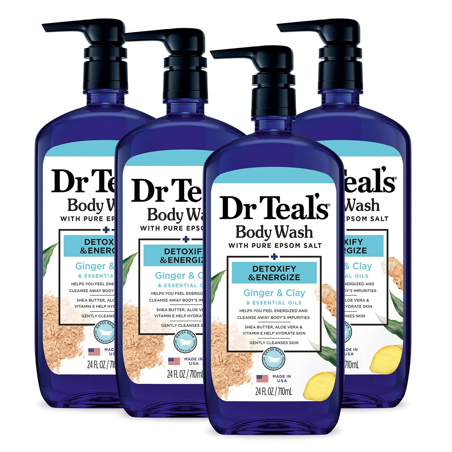 Dr Teal'S Body Wash With Pure Epsom Salt, Detoxify & Energize With Ginger & Clay, 24 Fl Oz (Pack Of 4)