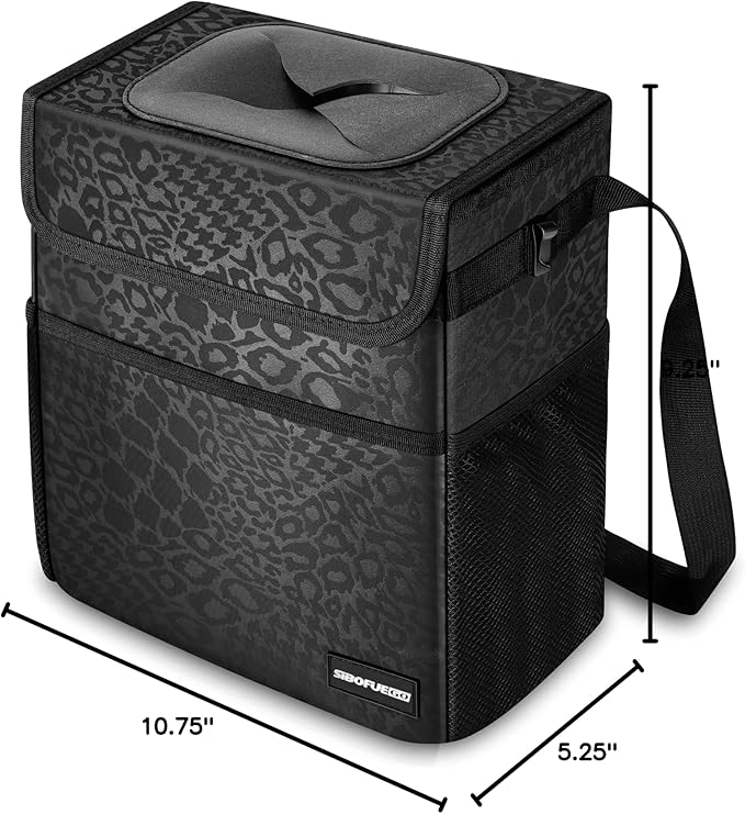 SIBOFUEGO Cute Car Trash Can with Lid β Multipurpose Collapsible Trash Bin for Car, Leak-Proof Organizer, Waterproof Garbage Can with Storage Pockets & Adjustable Straps, 2 Gallons (Black Leopard)