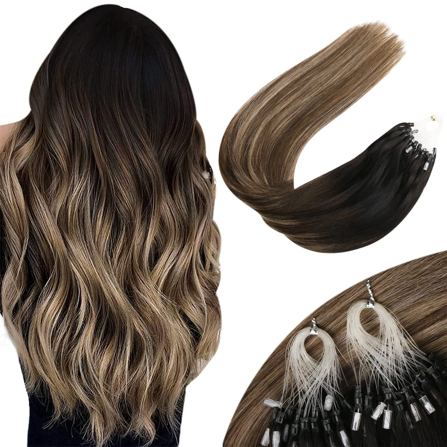 Sunny Hair Black Micro Loop Hair Extensions Real Human Hair 20Inch Micro Ring Hair Extensions Human Hair Black Balayage Dark Bro