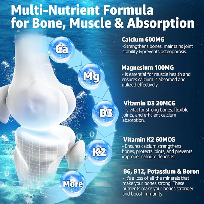 Sugar Free Calcium Gummies 600mg, Ocean Algae Calcium with Vitamin D3, K2, Magnesium, B6, B12, Organic Calcium Supplement for Bone Strength & Teeth Health, Orange Flavor, Vegan, 1 Pack