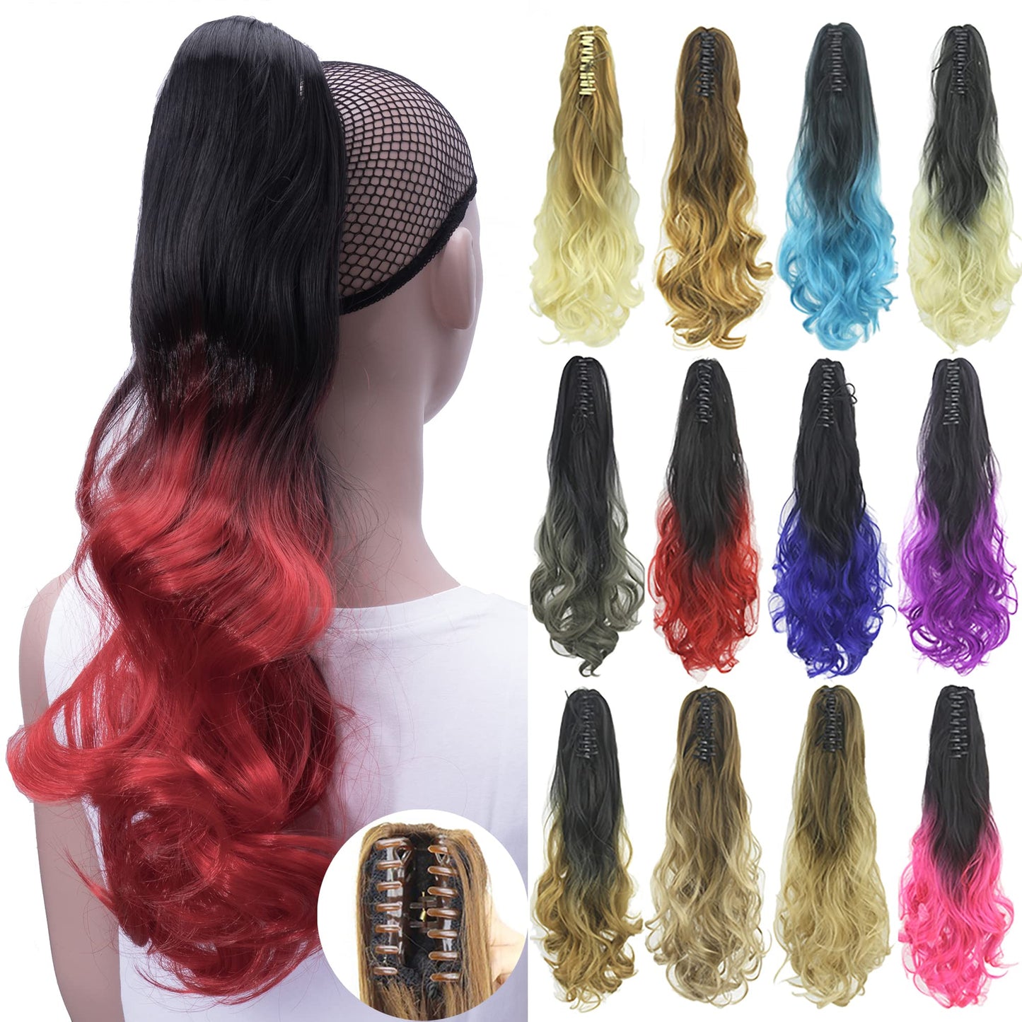 Imissu Curly Ombre Color Claw Ponytail Hair Extensions Pony Tail Clip In Hairpiece (Ombre Red)