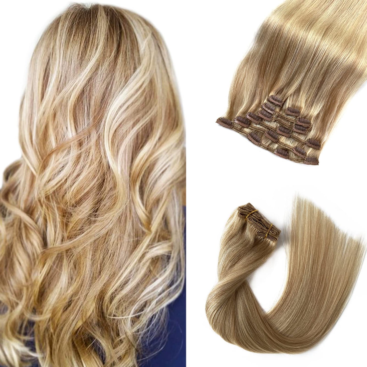 Labetti Clip In Hair Extensions With Highlights Human Hair Extensions 7 Pieces 70G Silky Straight Weft Remy Real Hair (22 Inches