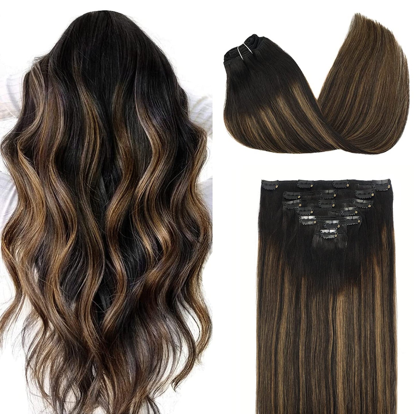 Doores Human Hair Extensions Clip In Remy Black To Light Brown Balayage Clip In Hair Extensions Straight Natural Hair Extensions