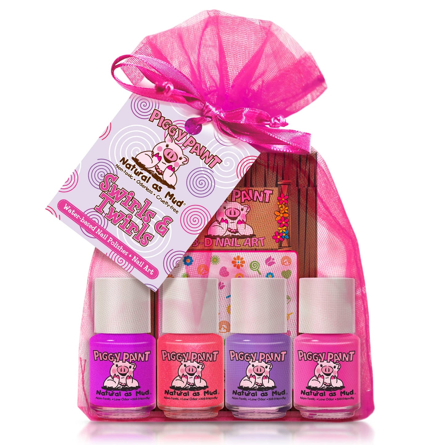 Piggy Paint | 100% Non-Toxic Girls Nail Polish | Safe, Cruelty-Free, Vegan, & Low Odor For Kids | Swirls & Twirls (4 Polish + Na