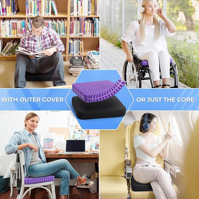 TushGuard Gel Seat Cushion for Long Sitting, Enlarged & Thickened Patent Design, Breathable Cooling for Office Chair, Soft Car Seat Cushion for Wheelchair (2" Thick, Black)