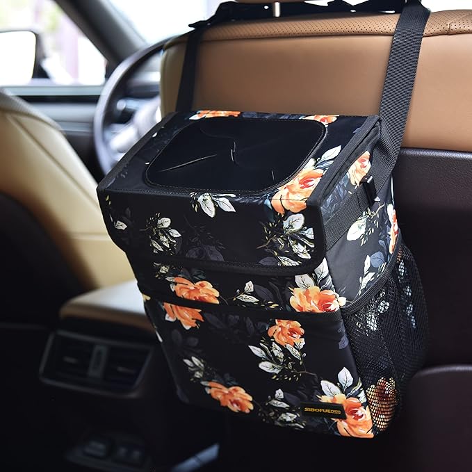 SIBOFUEGO Cute Car Trash Can with Lid β Multipurpose Collapsible Trash Bin for Car, Leak-Proof Organizer, Waterproof Garbage Can with Storage Pockets & Adjustable Straps, 2 Gallons (Flower)
