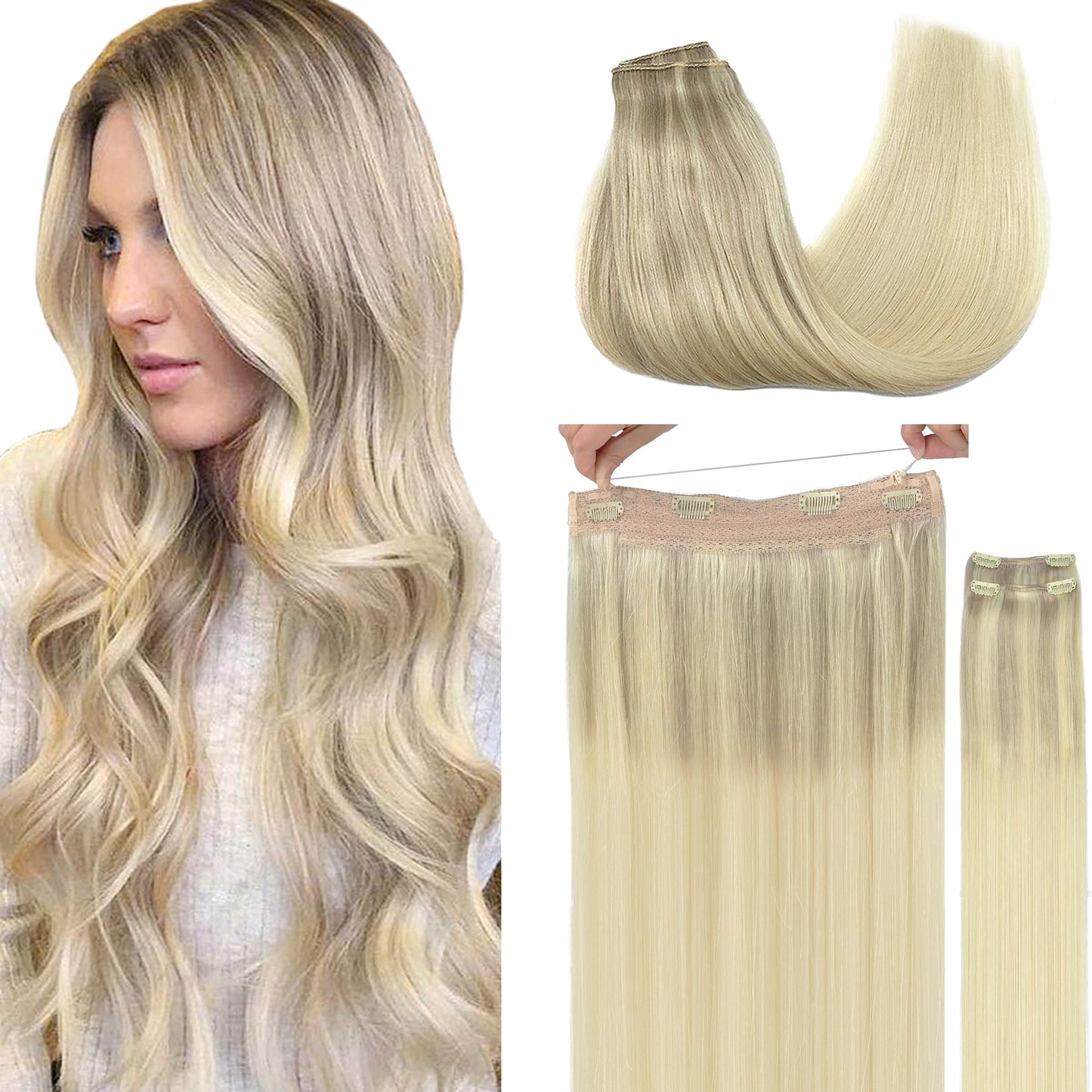 Goo Goo Wire Hair Extensions Human Hair, 17/22/60 Ash Blonde With Golden Blonde And Platinum Blonde Balayage 12Inch 100G, Invisi