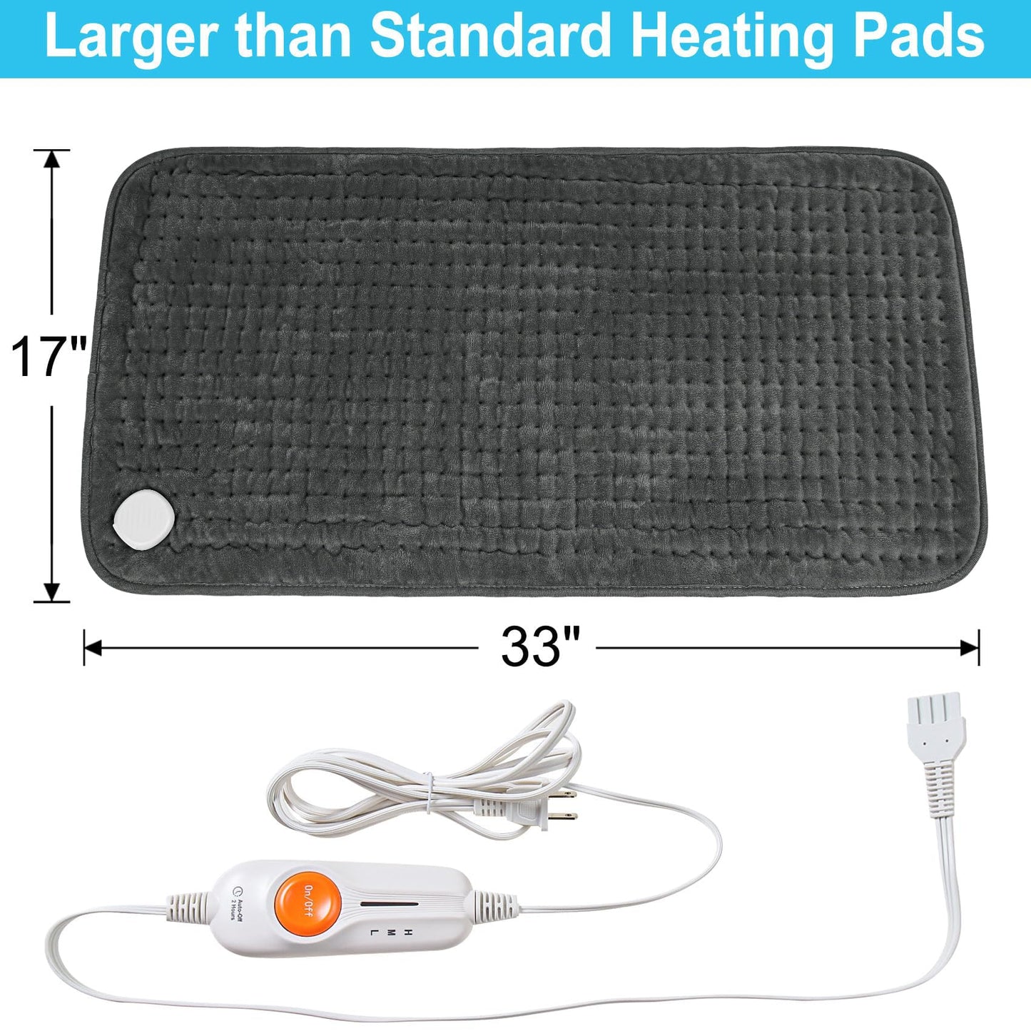 Boileau Electric Heating Pad for Back Pain and Period Cramps Relief, 17"x33" Extra Large XXXL, 3 Heating Levels Heat Pad with 2-Hour Auto Shut Off, Gifts for Women and Mom, Blue