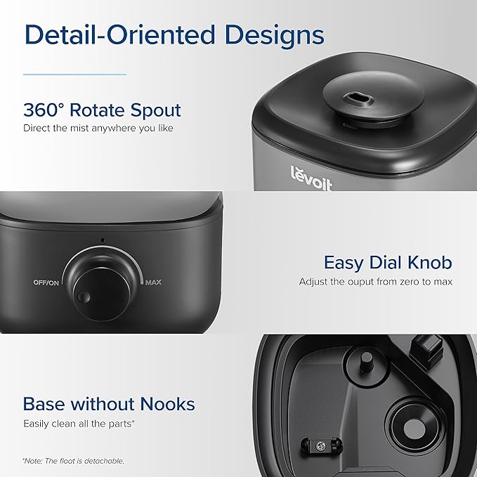 LEVOIT Classic 160 Top-Fill Ultrasonic Cool Mist Humidifier, Super Easy to Fill and Clean, Quiet Operation for Bedroom Home Baby & Plants, Auto Shut-off for Safety, 360ยฐ Rotating Nozzle, 2.5L, Black