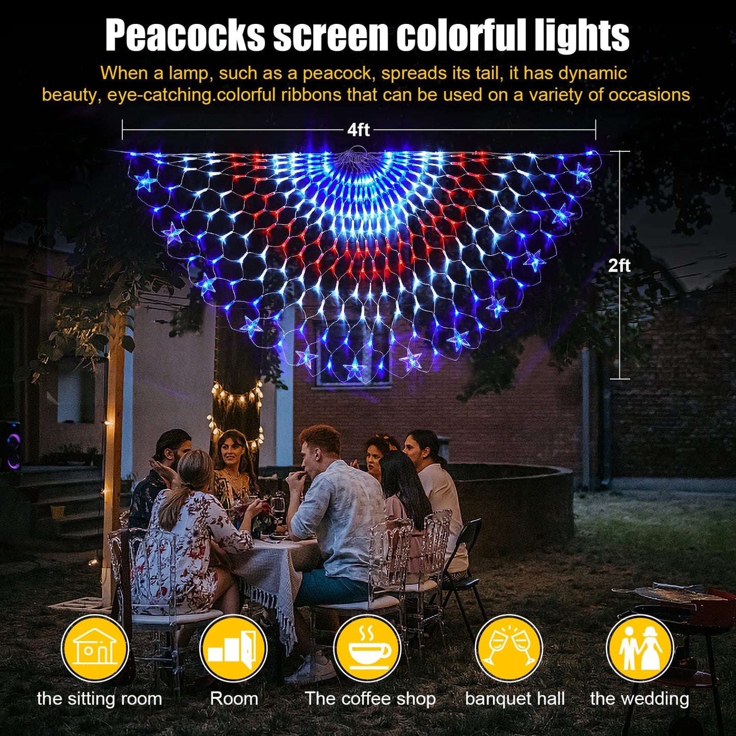 Family Patriotic American Flag String Lights - 250 LED Half Fan Shaped Outdoor Waterproof Lights, 4th of July Decorations, Independence Day, Memorial Day, USA 2pcs