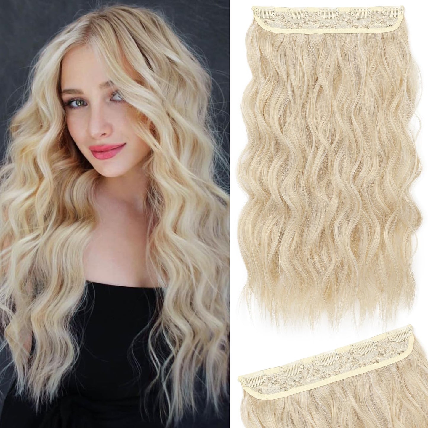 Reecho Blonde Hair Extensions, 20 Single Piece Clip In Hair Extensions Thick Long Beach Wavy Natural Soft Synthetic Hairpiece