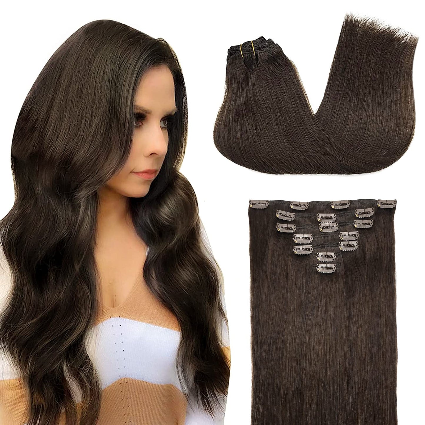 Doores Human Hair Extensions Clip In Light Dark Brown 16 Inch 120G 7Pcs Clip In Remy Hair Extensions Straight Thick Real Natural