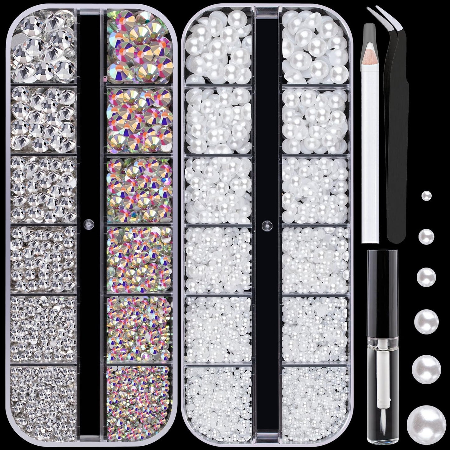 2300Pcs Face Gems Flatback Rhinestone For Makeup With Glue, Round Glass Crystal Ab & Clear Rhinestones, Half Round White Pearls