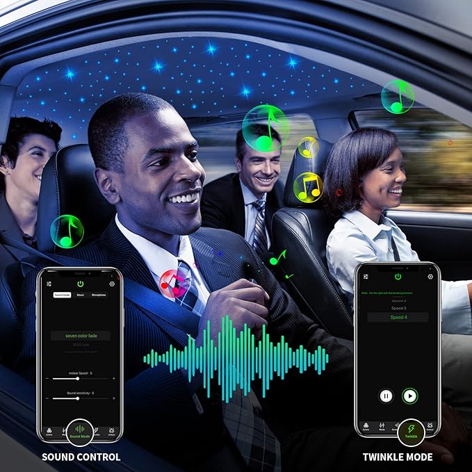 AMKI Updated 16W RGBW Fiber Optic Light Twinkle+Sound Activated Mixed 460pcs 9.8ft Cables APP Remote Music Control Car Home Starlight Headliner Star Ceiling Light Kit 0.03in 0.04in 0.06in Strands