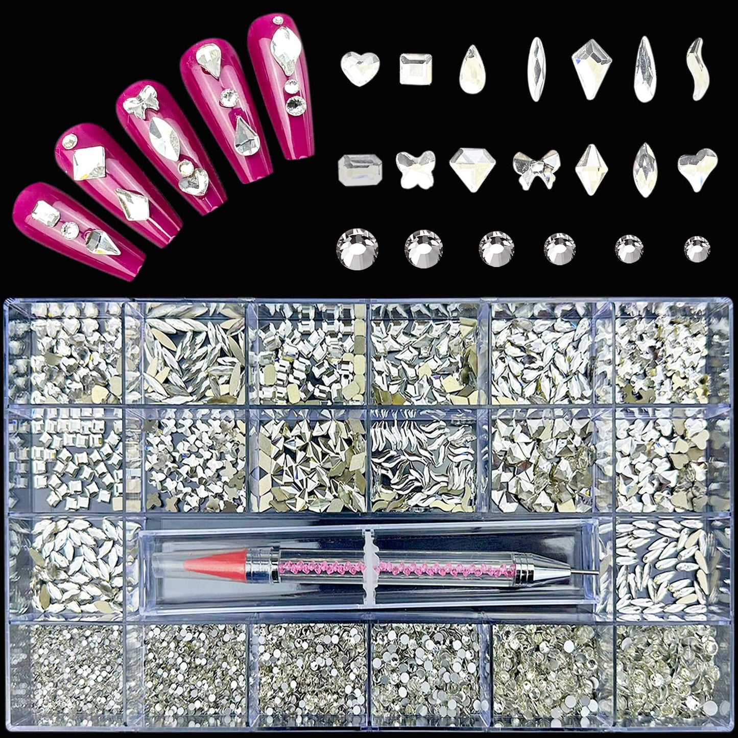 Huetfat 14 Shaped Clear Nail Rhinestones For Nail Art+6 Size Round Flatback Nail Gems Glass Nail Crystals-Small Nail Diamonds St
